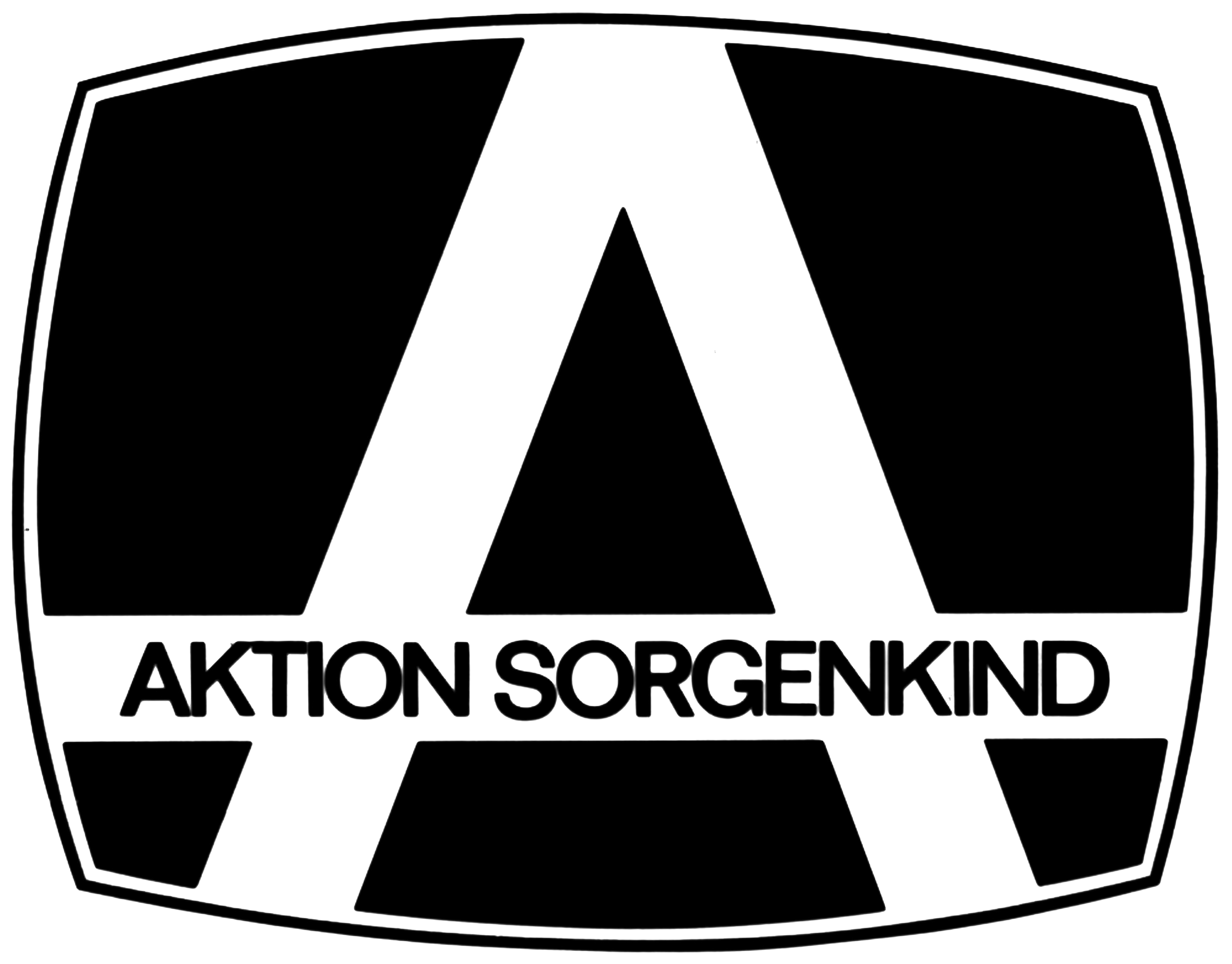 Zu sehen ist das erste Logo der Aktion Sorgenkind. Ein großes weißes A vor schwarzem Hintergrund, im Querbalken vom großen A steht Aktion Sorgenkind geschrieben.